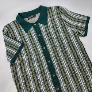 Green Yellow Knit Short Sleeve Collared Button Up Mens Large 70s Retro Casual